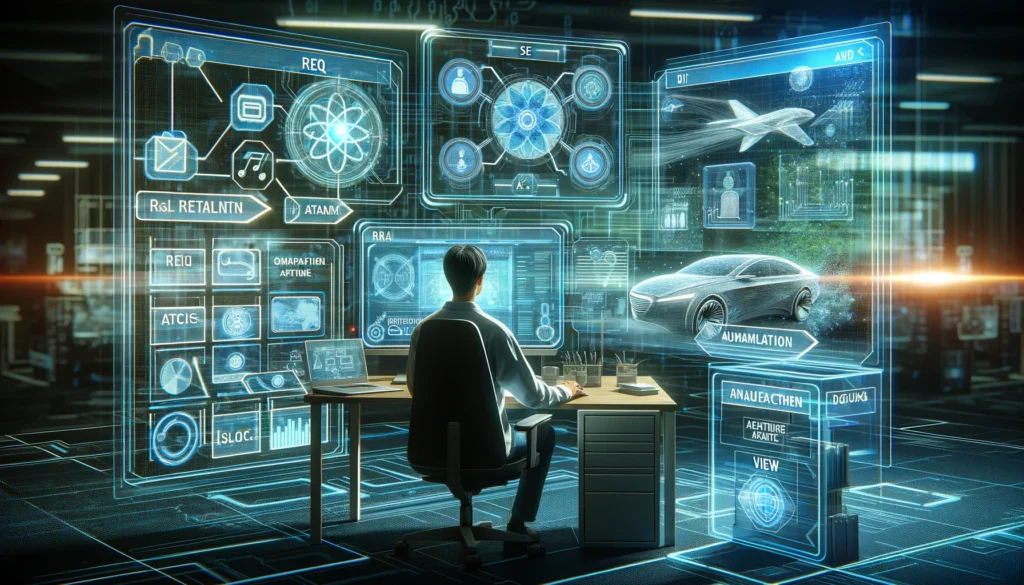 DALL·E 2024-05-31 18.19.33 - A futuristic workspace with a systems engineer working on a computer. The engineer is surrounded by holographic interfaces displaying elements aligned